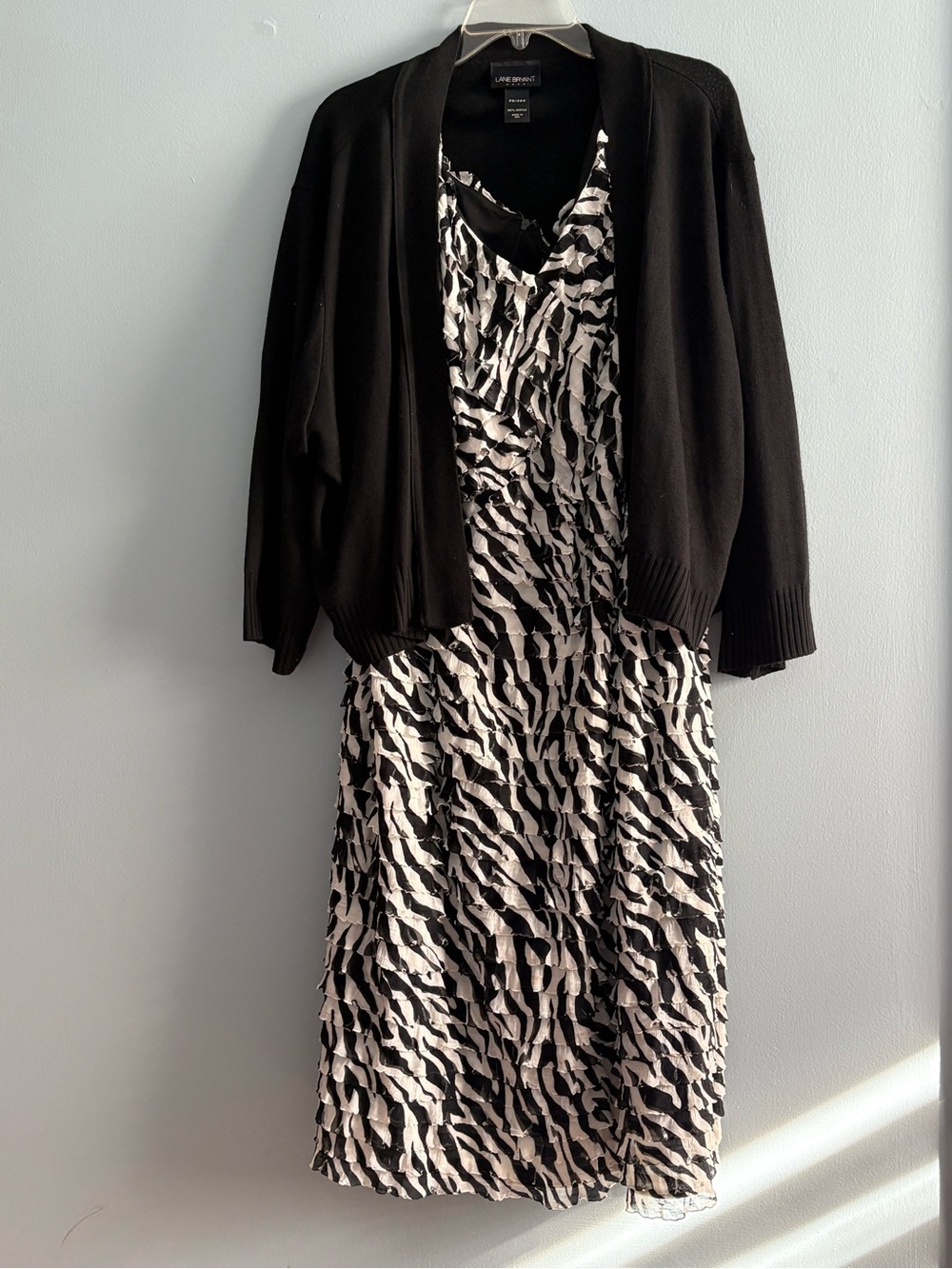 Lane Bryant Black and White Printed Midi Dress with Black Cardigan